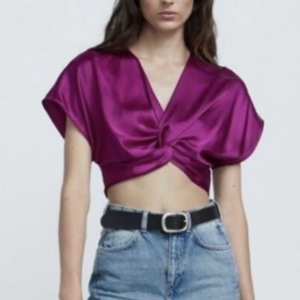 Zara Women's Purple Cropped Satin Knot Front Blouse